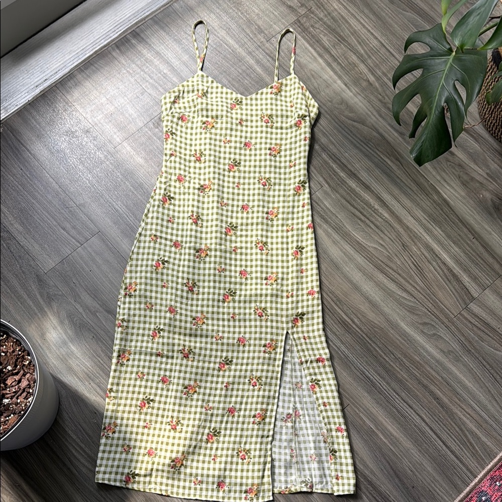 Moonsea Yellow Checkered Floral Midi Dress